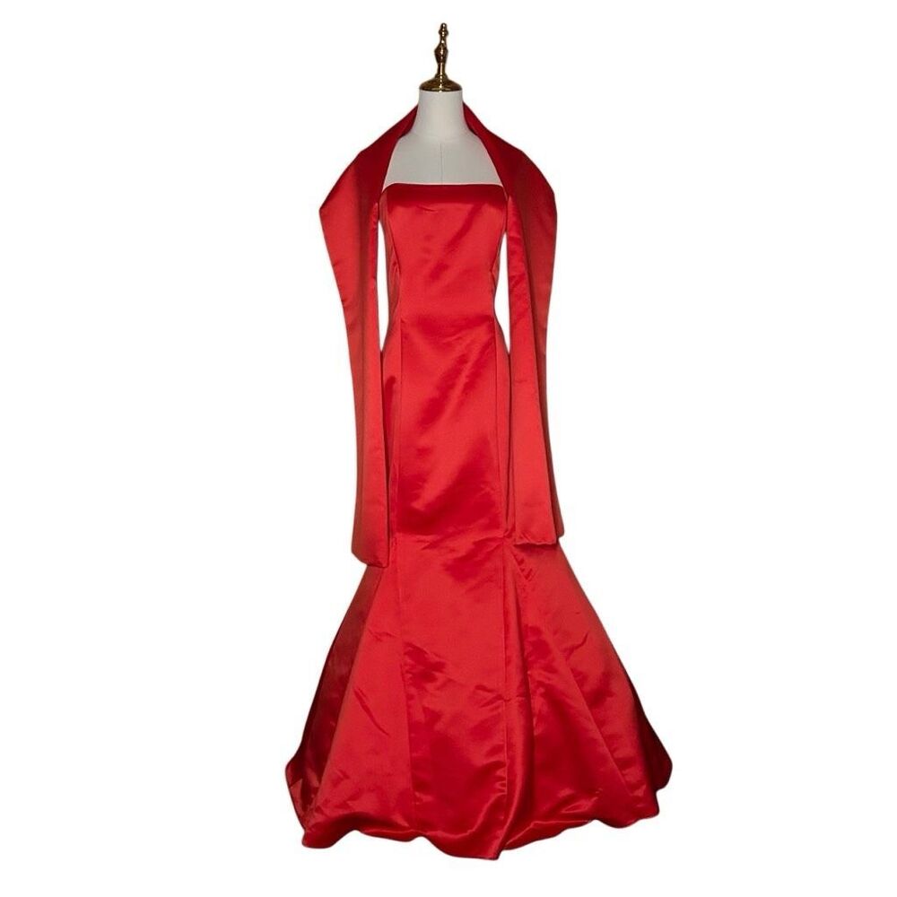 Jessica McClintock Red Strapless Mermaid Gown With Shawl Size 14 Satin USA